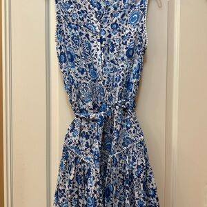 Poupette St. Barth Felicia Blue Floral Tiered Tie-Waist Mini Dress